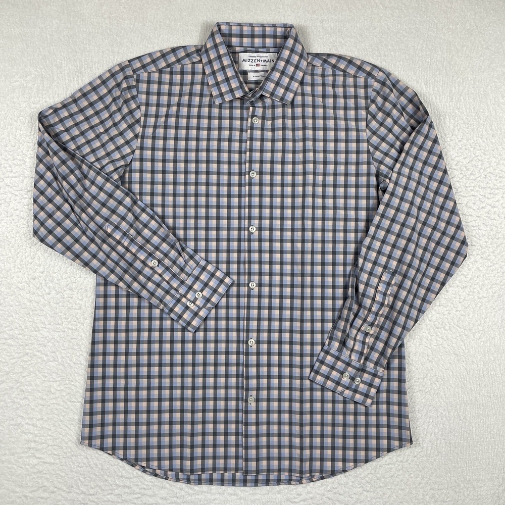 Mizzen+Main‎ Shirt Mens XL Blue Tan Gingham Leeward Performance Trim Fit Office